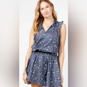 Outerknown Floral Ruffle Smocked Mini Dress Blue Size Large Boho Cottagecore EUC